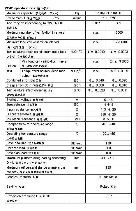 FLINTEC PC42 單點(diǎn)式稱重傳感器技術(shù)參數(shù)圖2